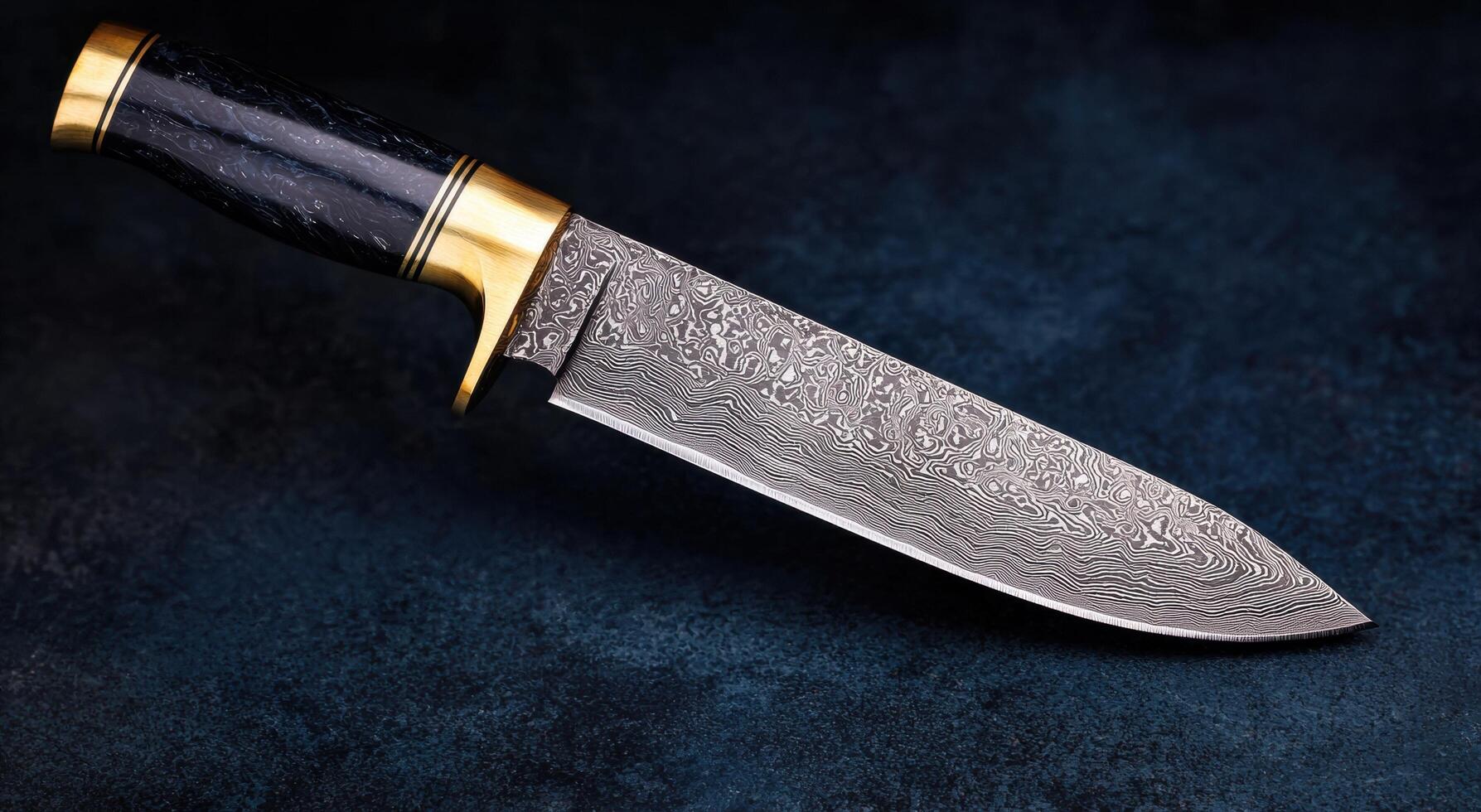 Intricate damascus steel chefs knife on dark background photo