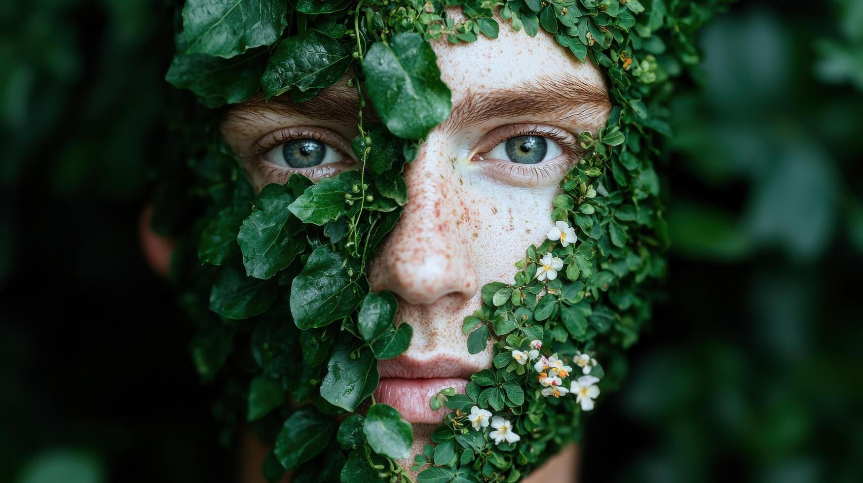face hidden in lush greenery photo