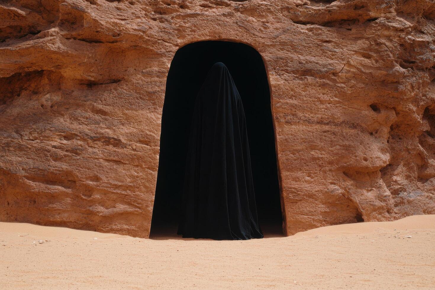 mysterious hooded figure in desert cave photo