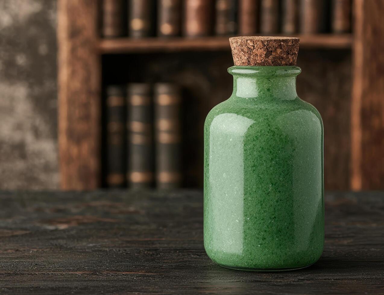Vintage green glass bottle with cork stopper on wooden bookshelf photo