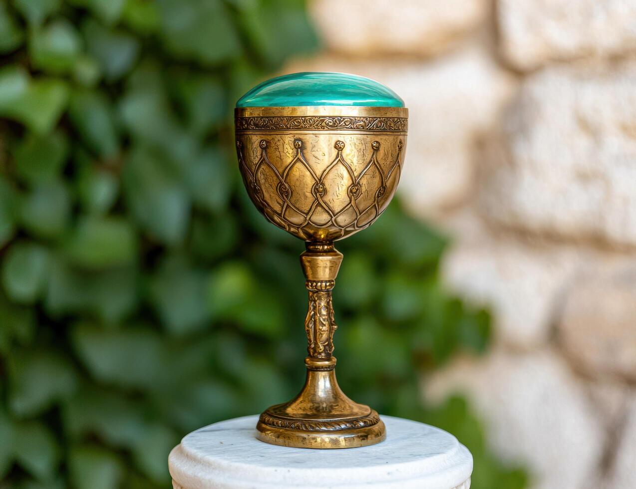 Ornate golden chalice with green gemstone photo