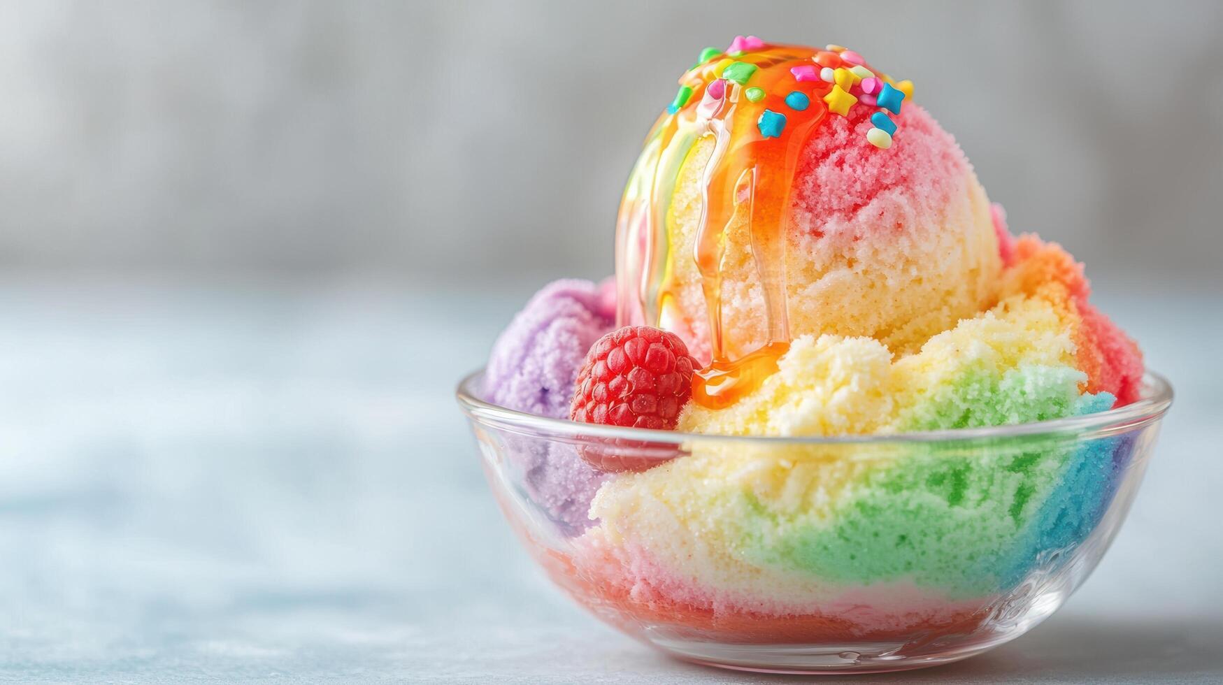 Colorful ice cream scoops in a glass bowl photo