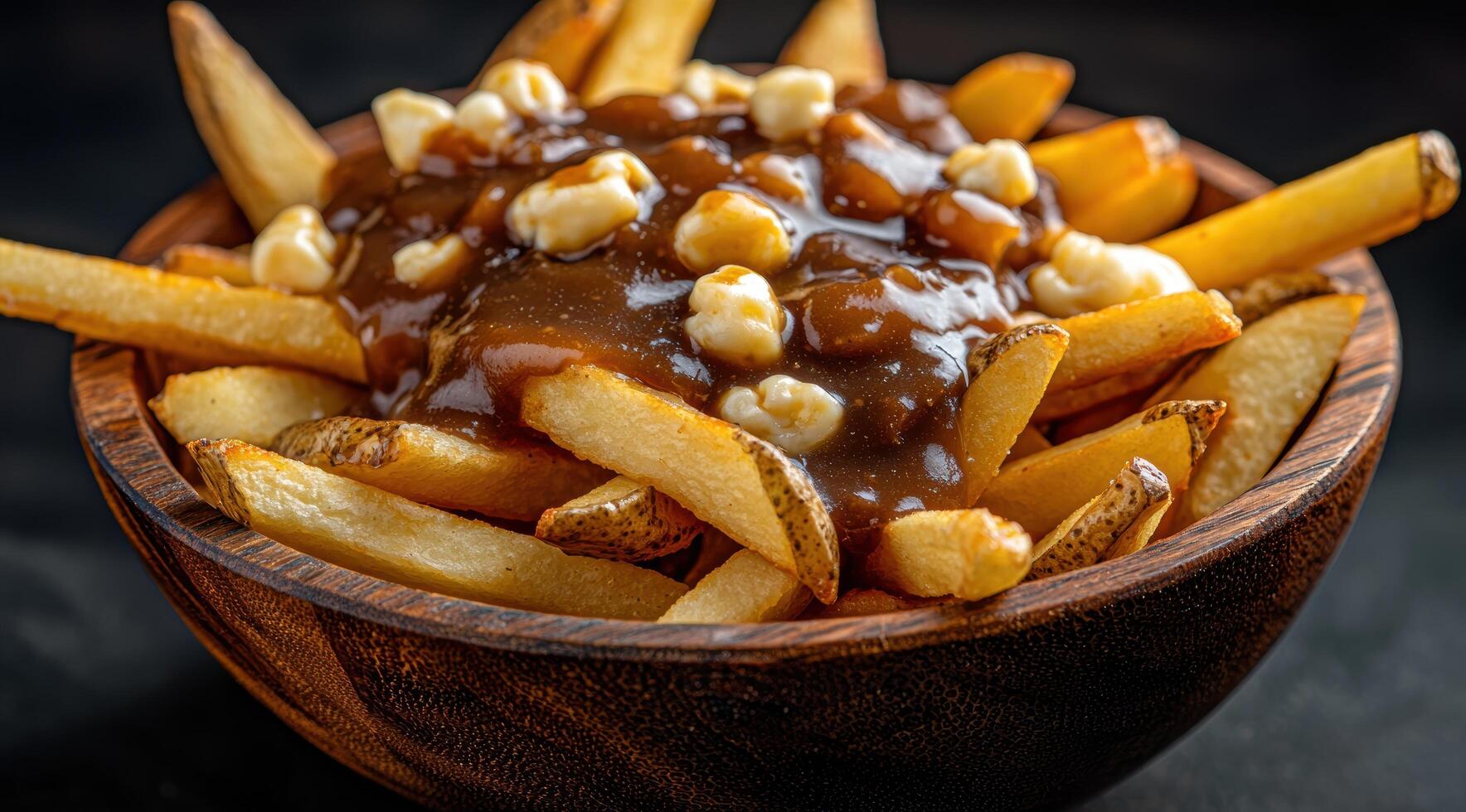 Delicious poutine with french fries, cheese curds, and brown gravy photo