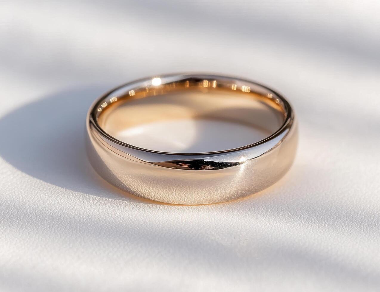 Elegant gold wedding ring on white background photo