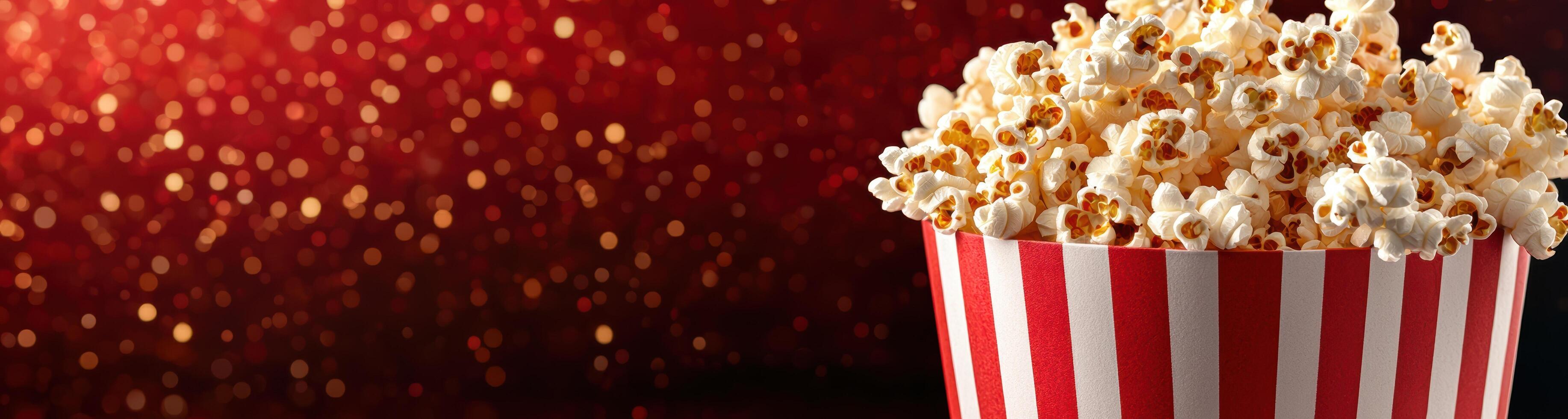 Popcorn in a striped box on a glittering red background photo