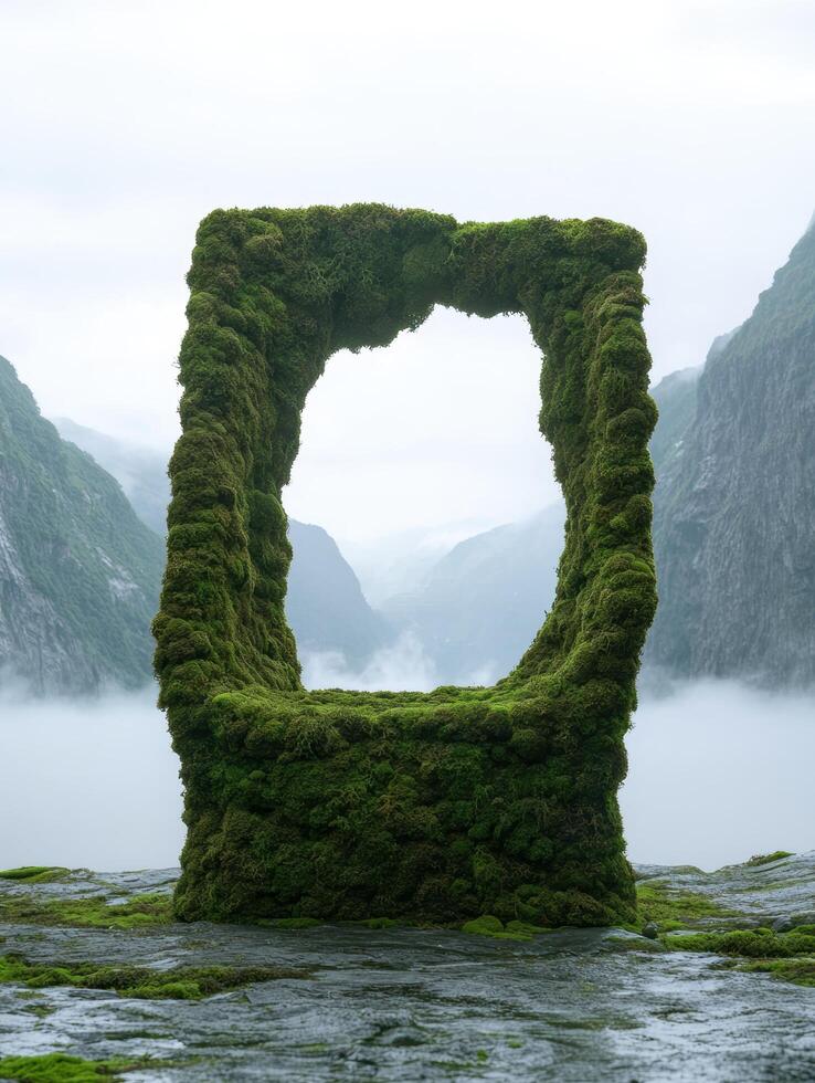 Moss covered archway in misty mountain landscape photo