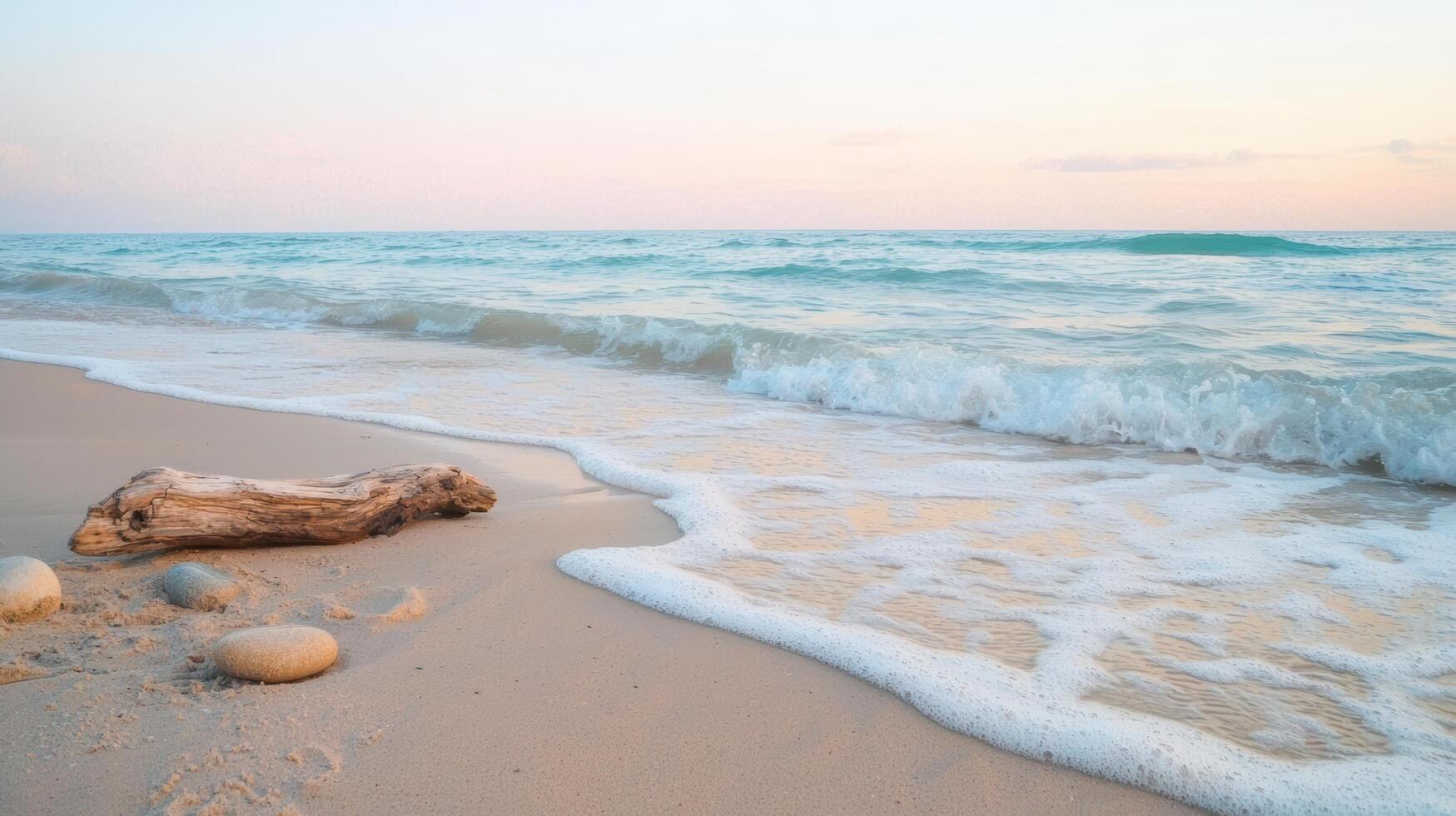 Serene beach scene with driftwood and waves photo