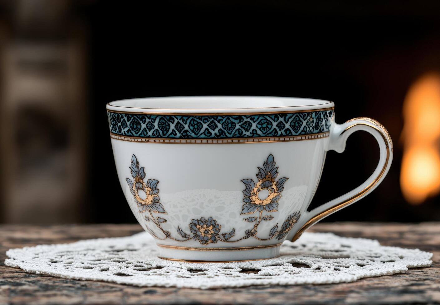 Ornate vintage tea cup on lace doily photo