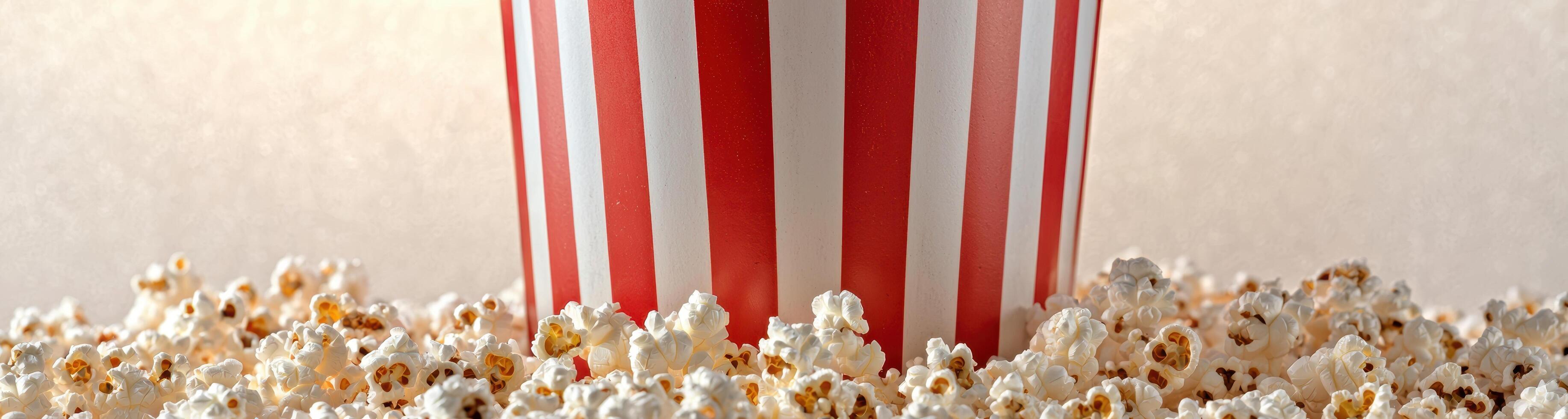 Popcorn spilling out of a striped movie theater box photo