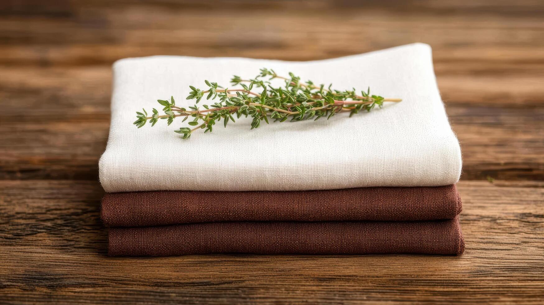 Fresh thyme sprigs on folded cloth napkins photo