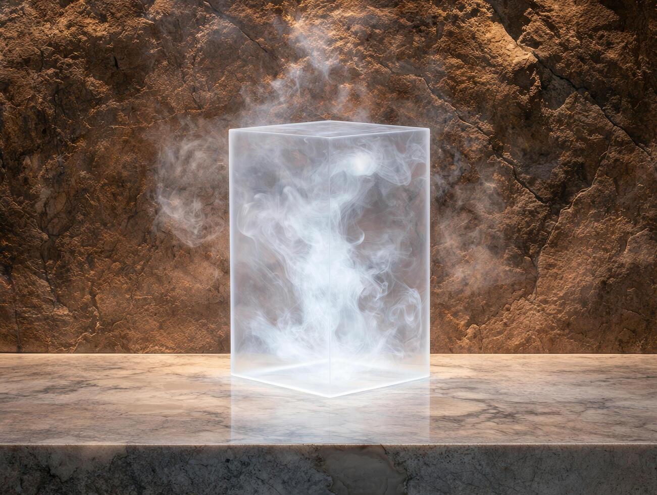 Mysterious glass cube with swirling smoke photo