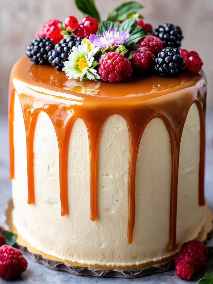 Delicious layered cake with caramel drizzle and fresh berries photo
