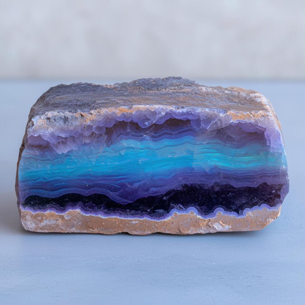 Stunning agate rock with vibrant blue and purple layers photo