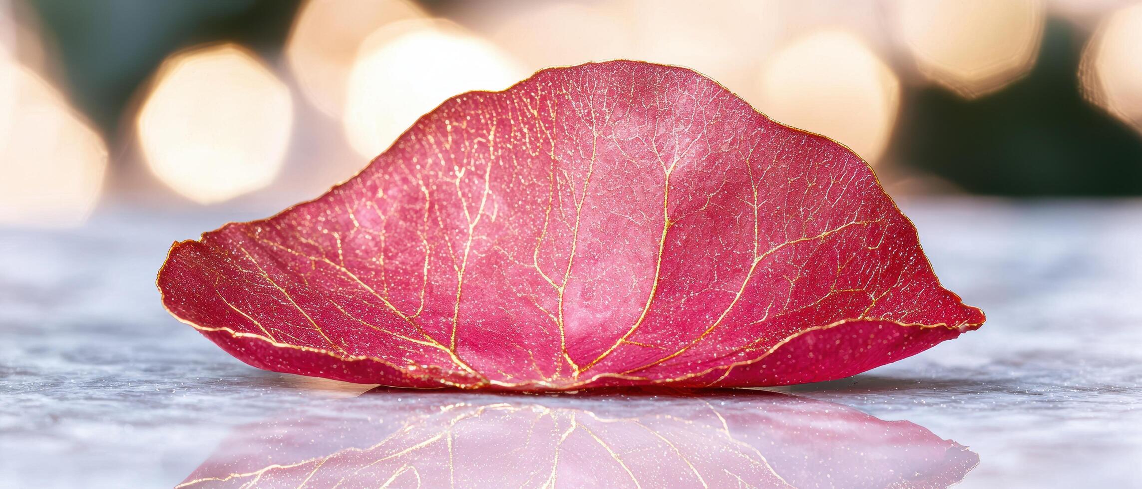 Vibrant red leaf floating on water photo