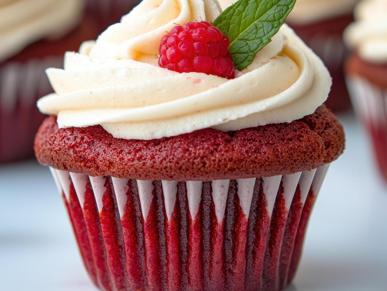 Delicious red velvet cupcake with cream cheese frosting and fresh raspberry photo