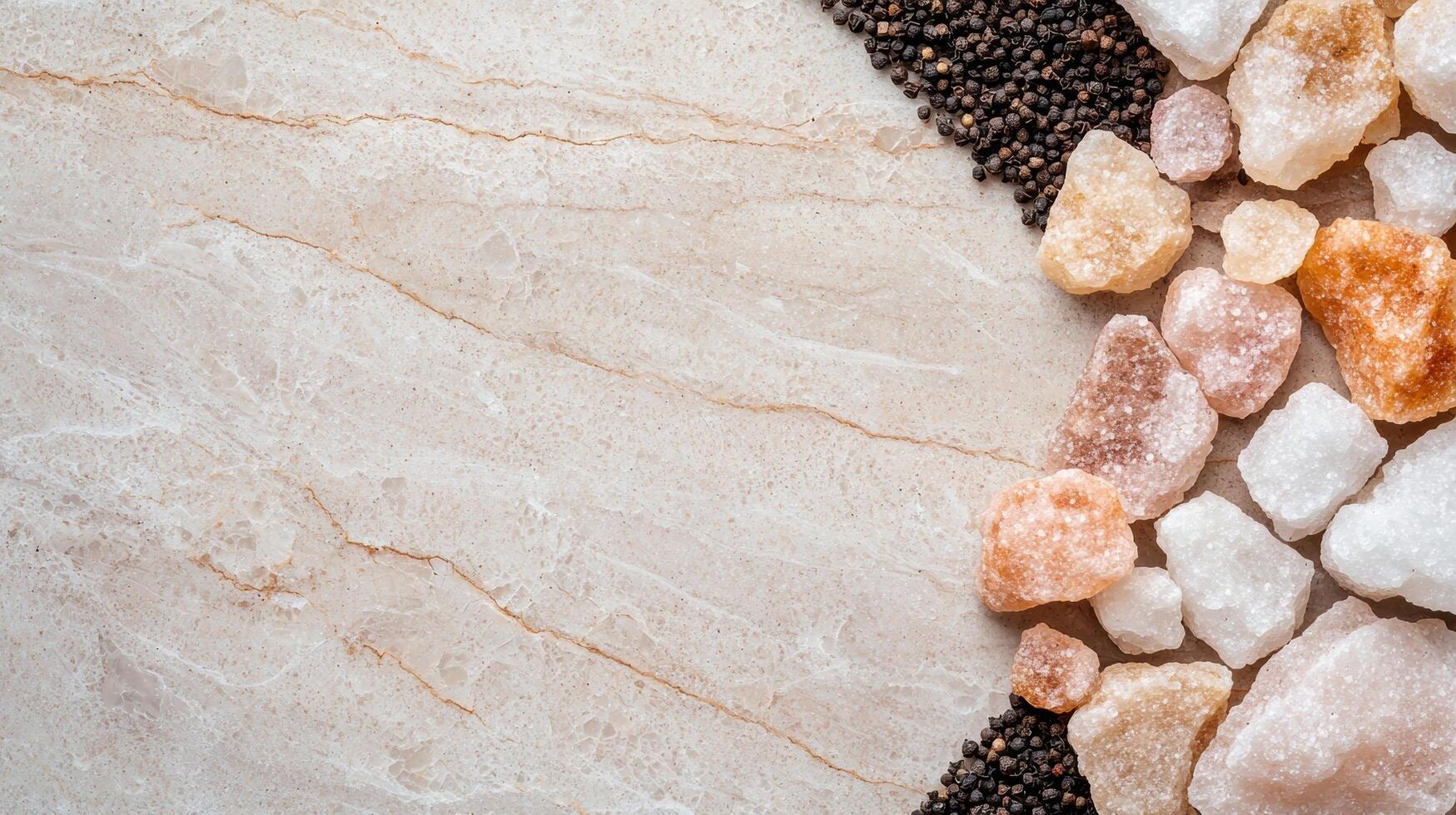 Assorted spices and crystalized sugar on a marble background photo