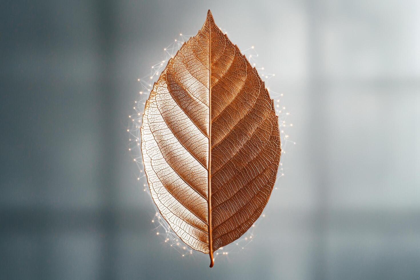 Glowing golden leaf with intricate vein patterns photo