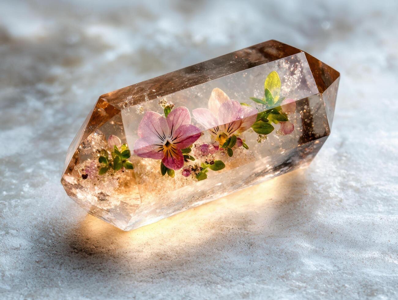 Preserved flowers encased in a clear crystal quartz stone photo