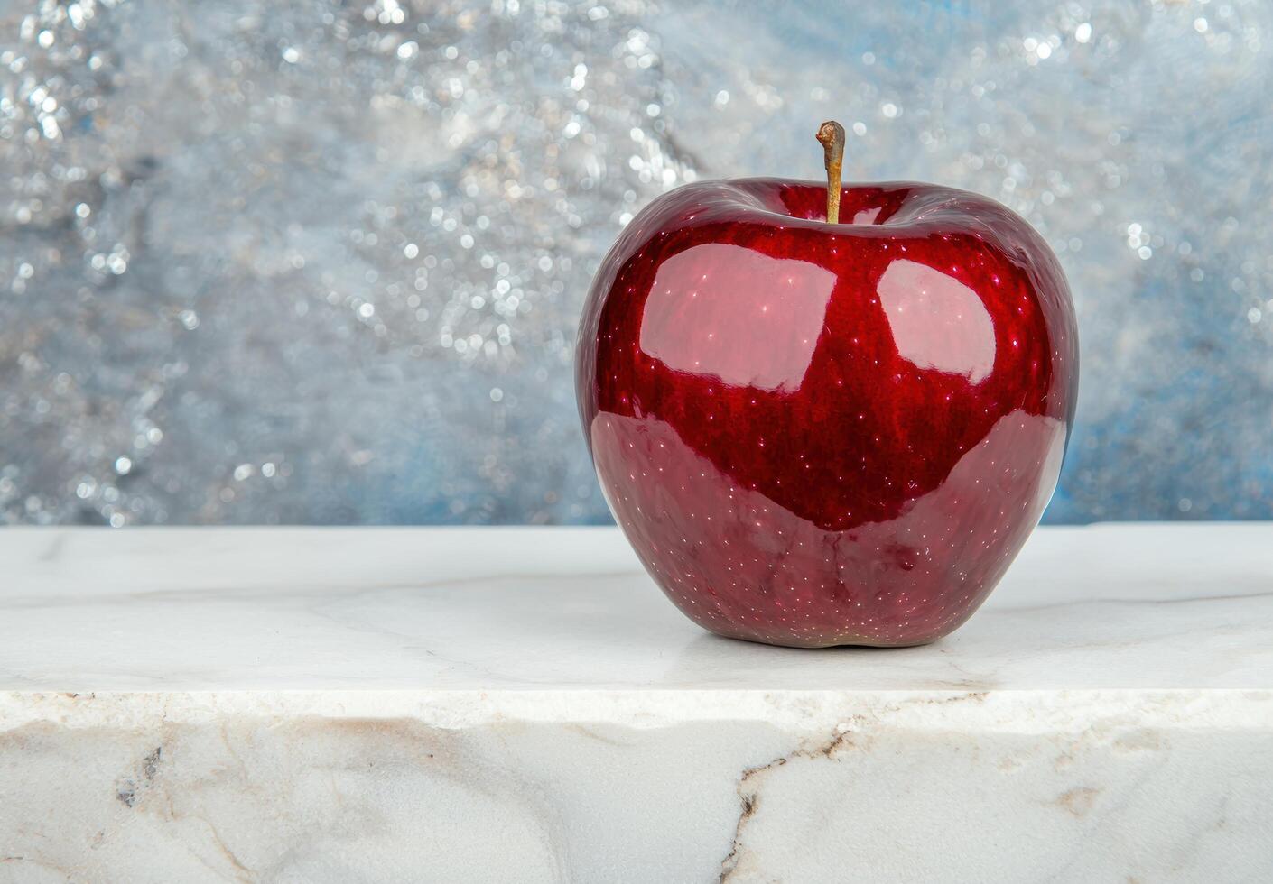 Shiny red apple on a marble surface with winter bokeh background photo