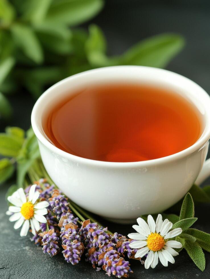 Herbal tea with fresh flowers photo