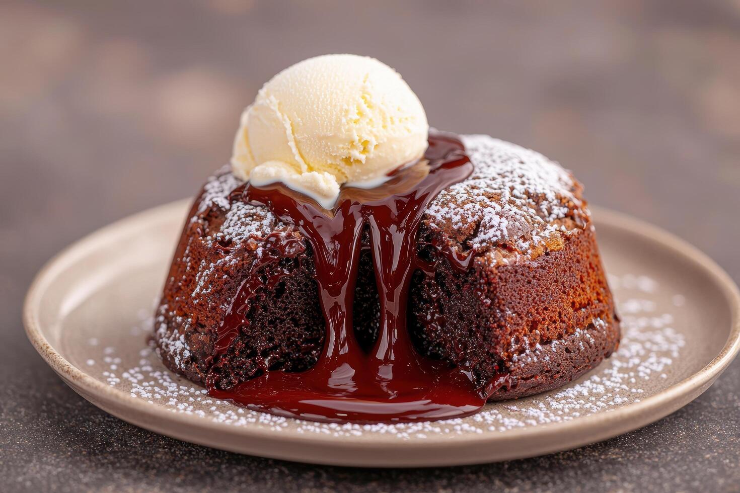 Decadent chocolate lava cake with ice cream photo