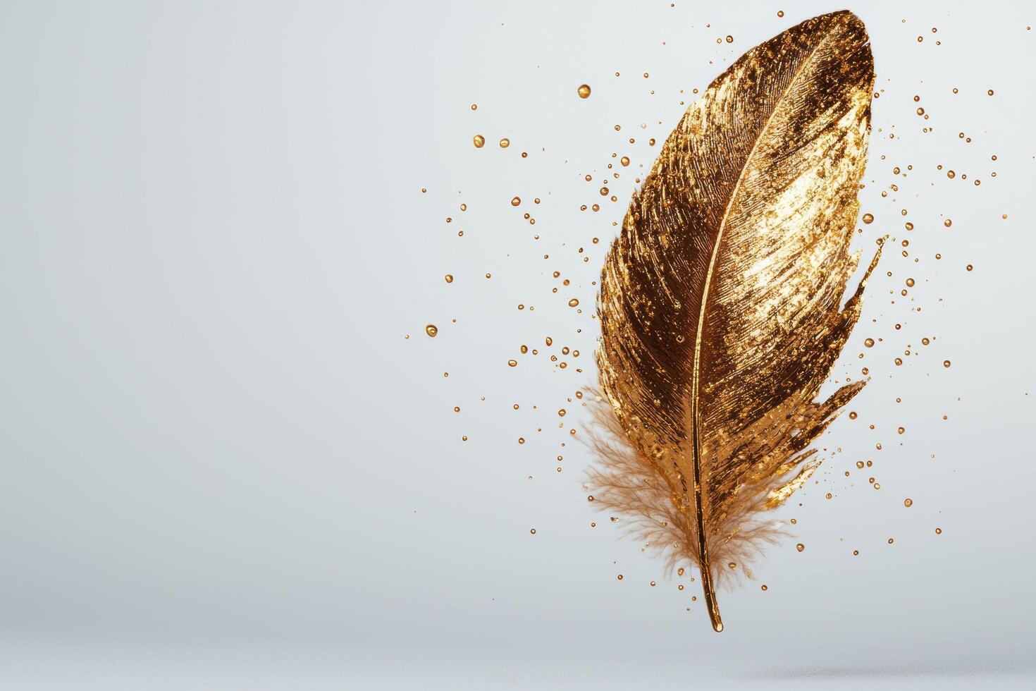 golden feather with glitter on white background photo