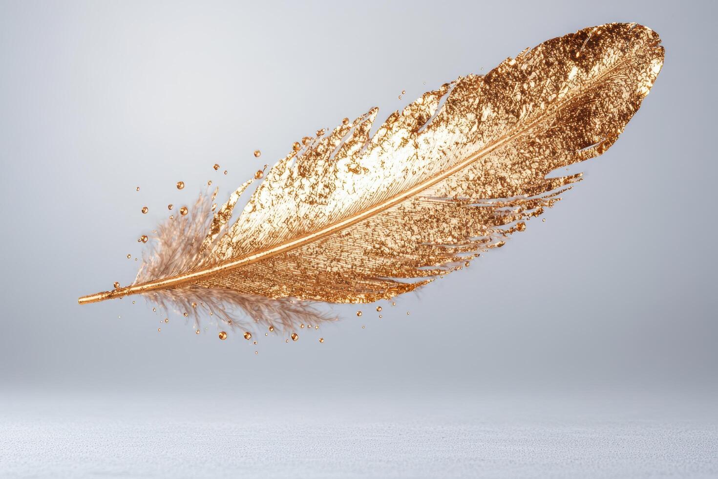 golden glittering feather on light background photo