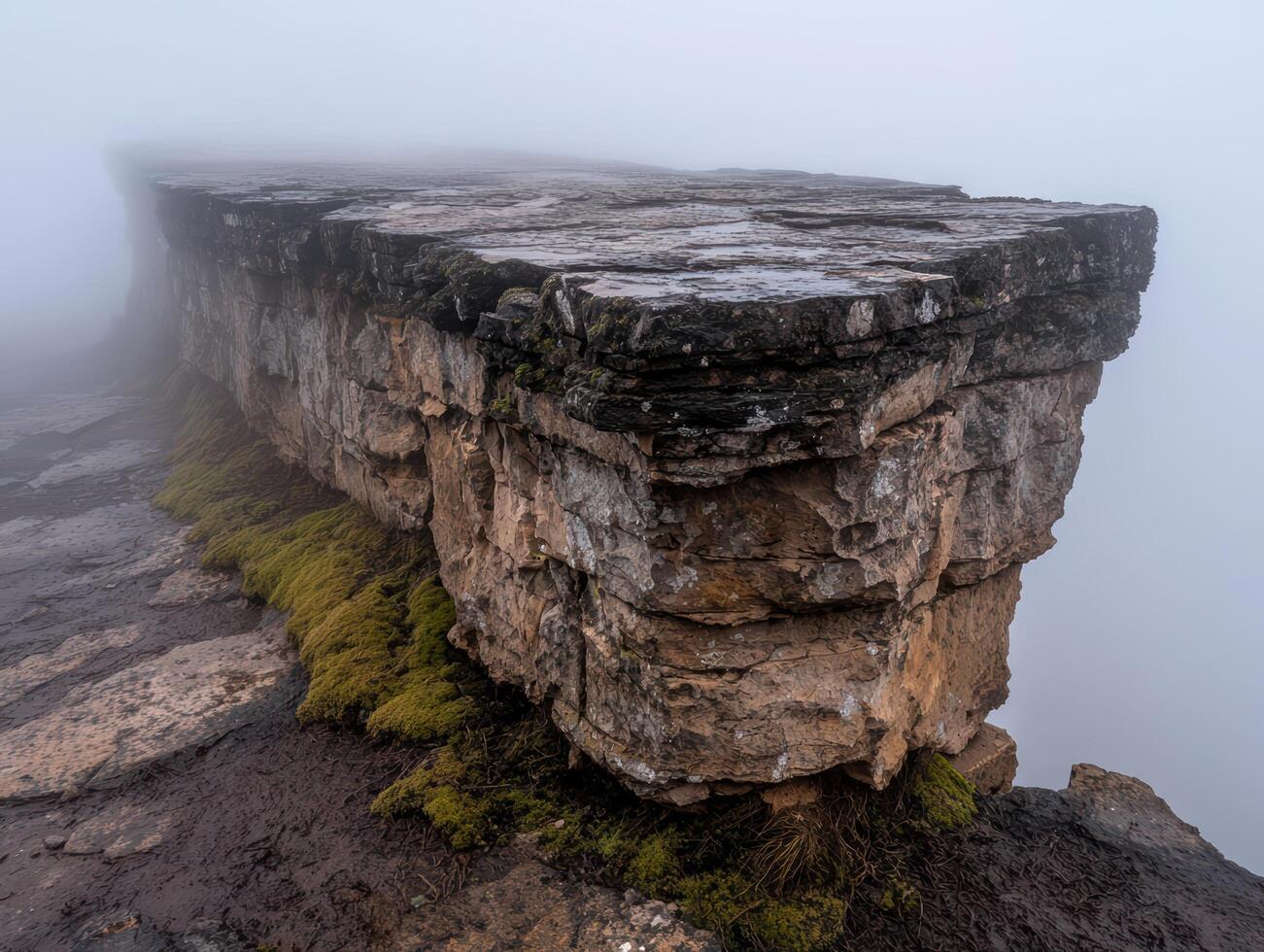 Rugged coastal cliff in the fog photo