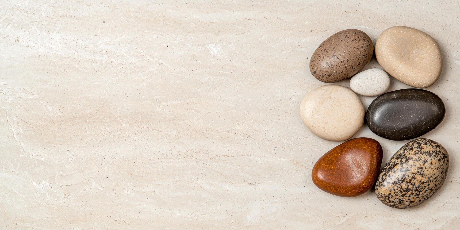 Assortment of smooth river rocks on a light background photo