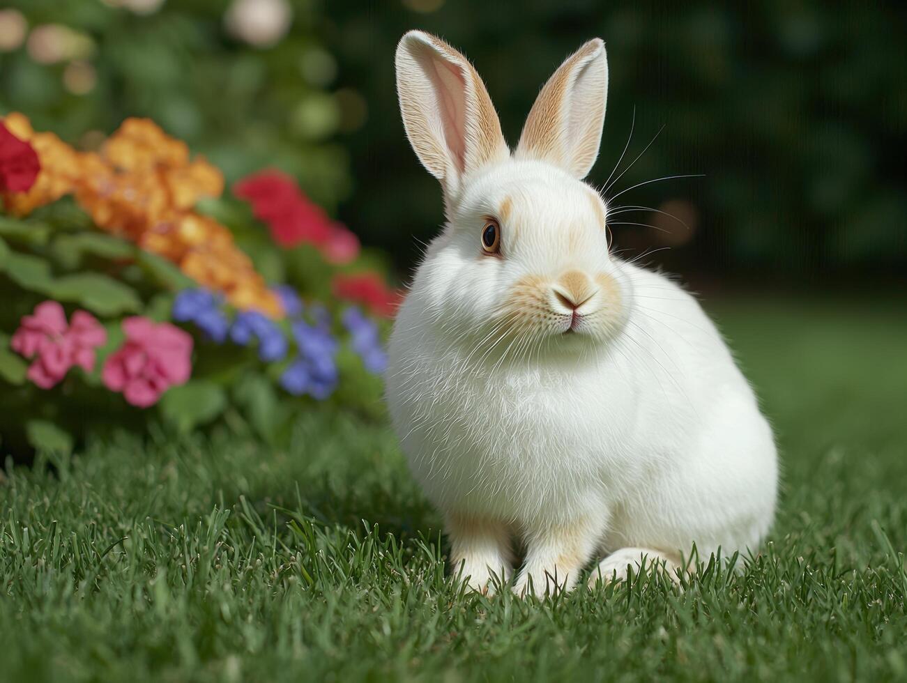 Adorable white rabbit in a garden photo