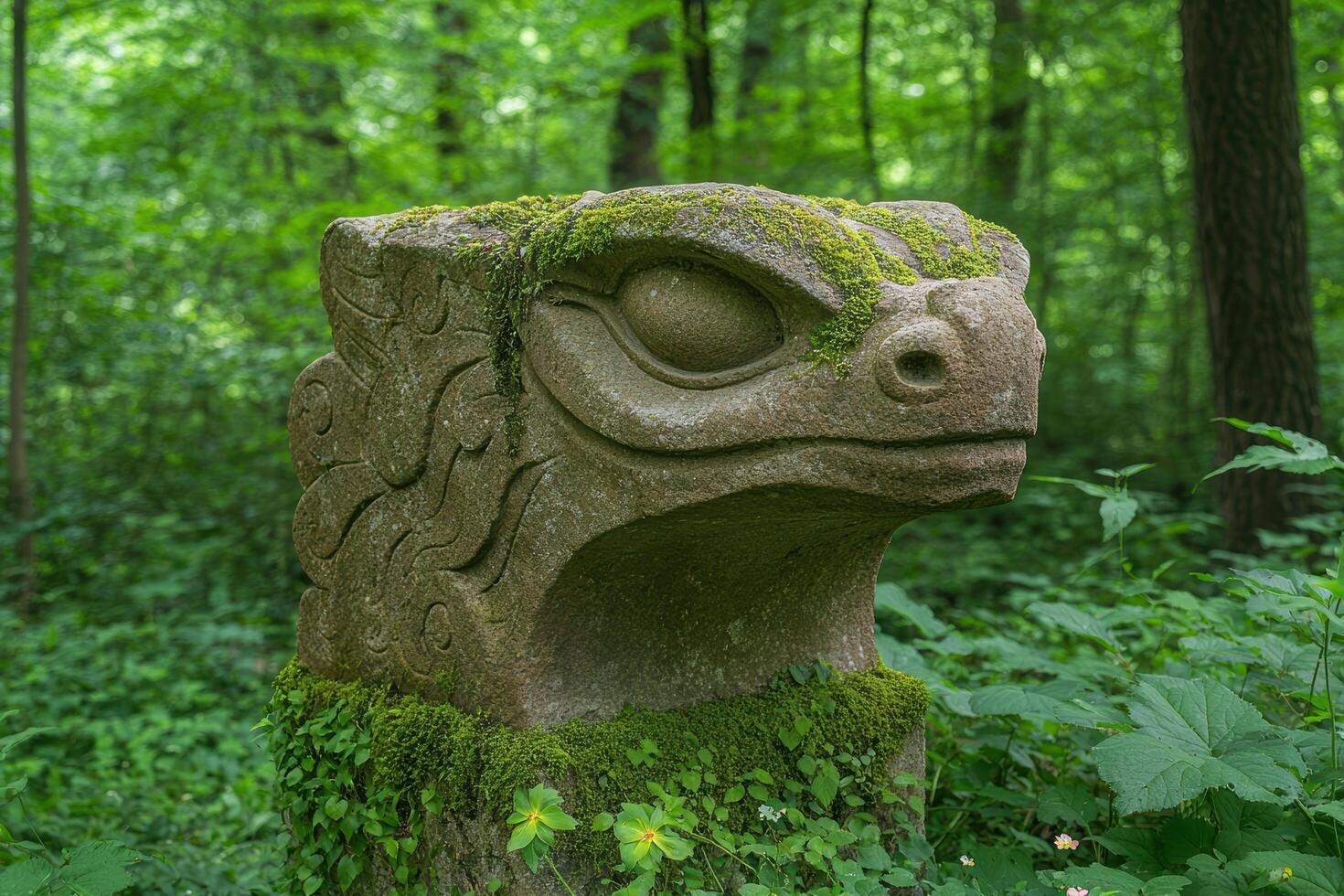 Moss covered stone sculpture of a reptilian creature in a lush forest photo