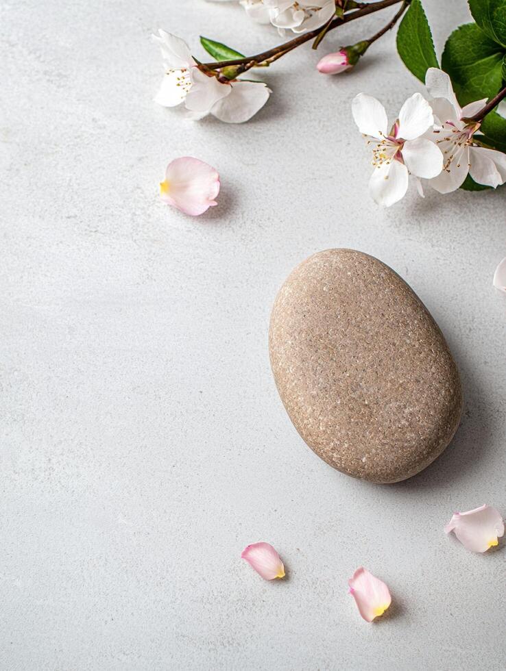 Serene spa scene with natural stones and spring blossoms photo