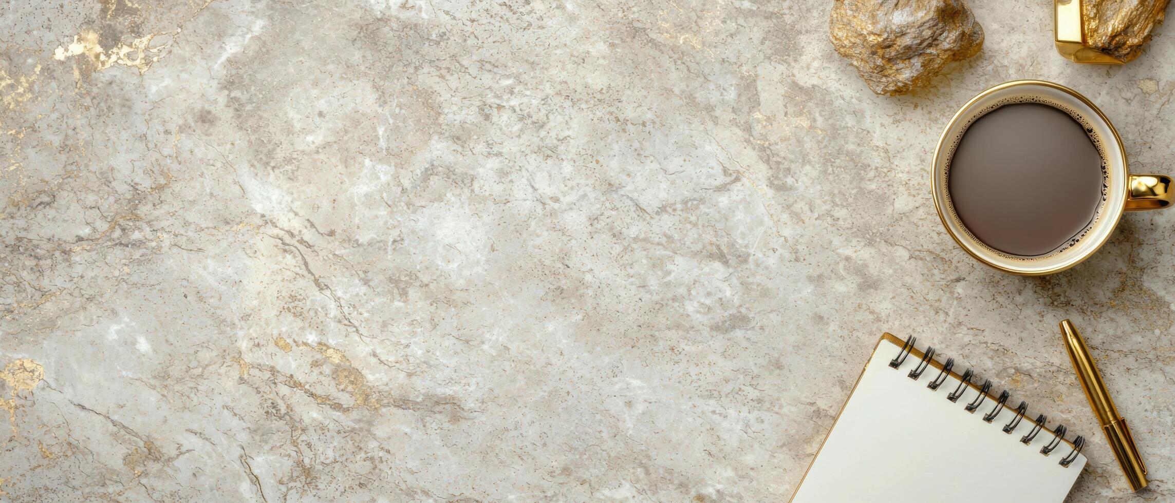 elegant marble desk with coffee and notebook photo