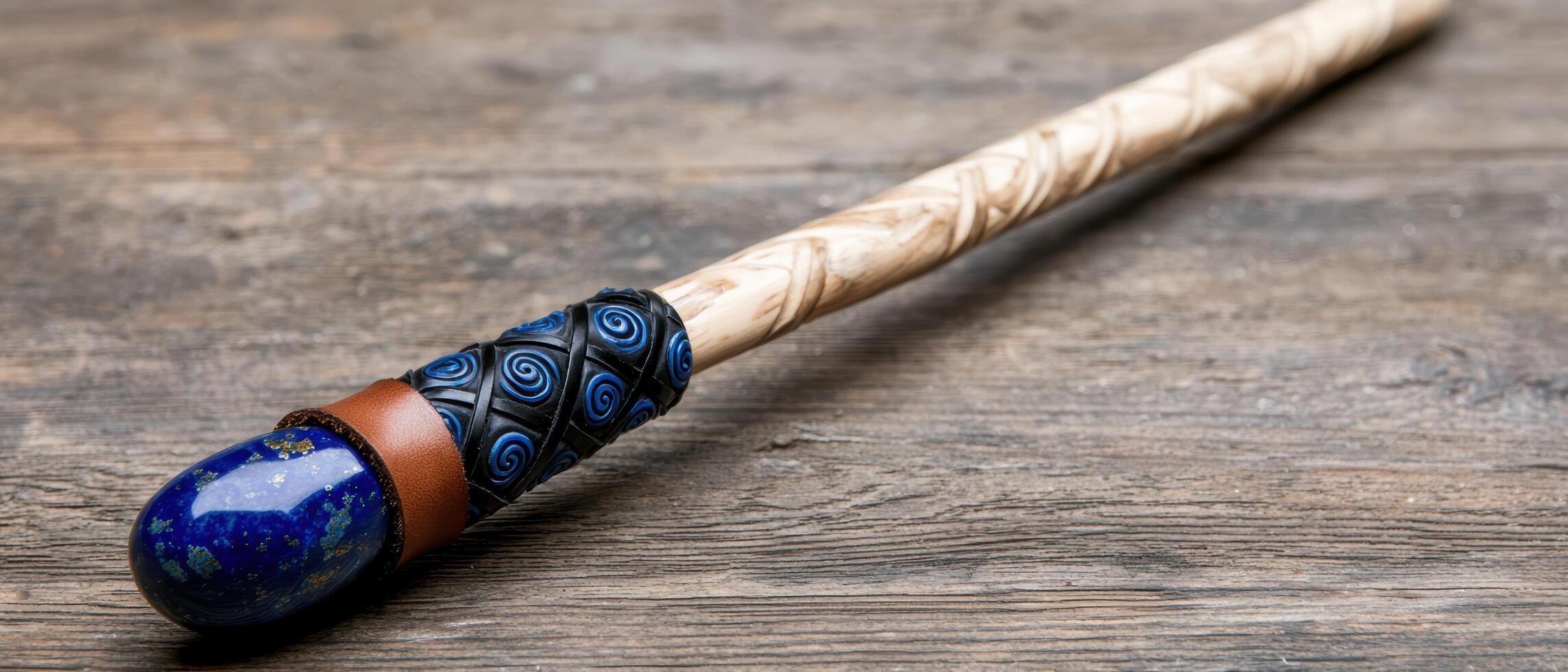 Handmade wooden walking stick with decorative beaded handle photo