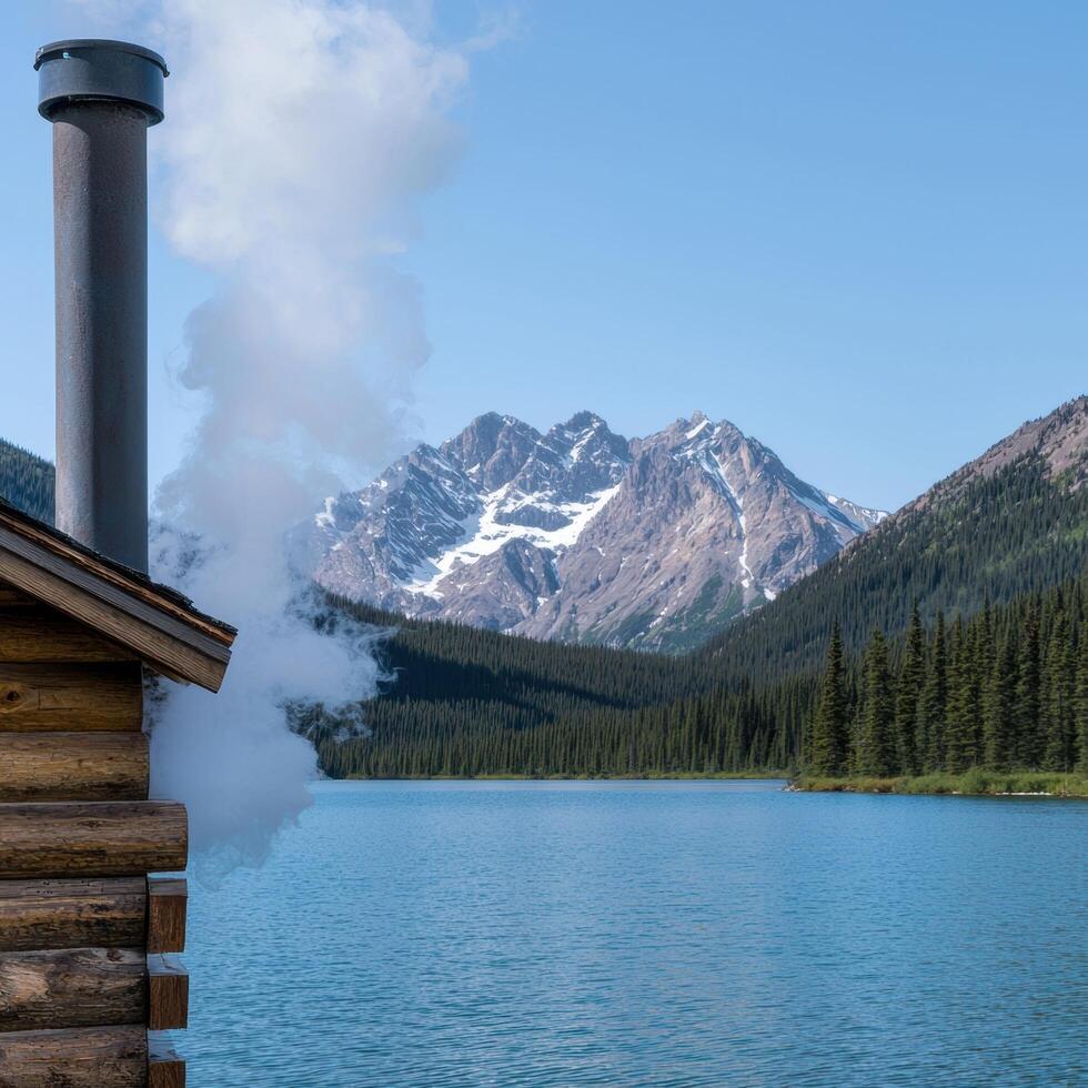 Serene mountain lake with log cabin and snowy peaks photo