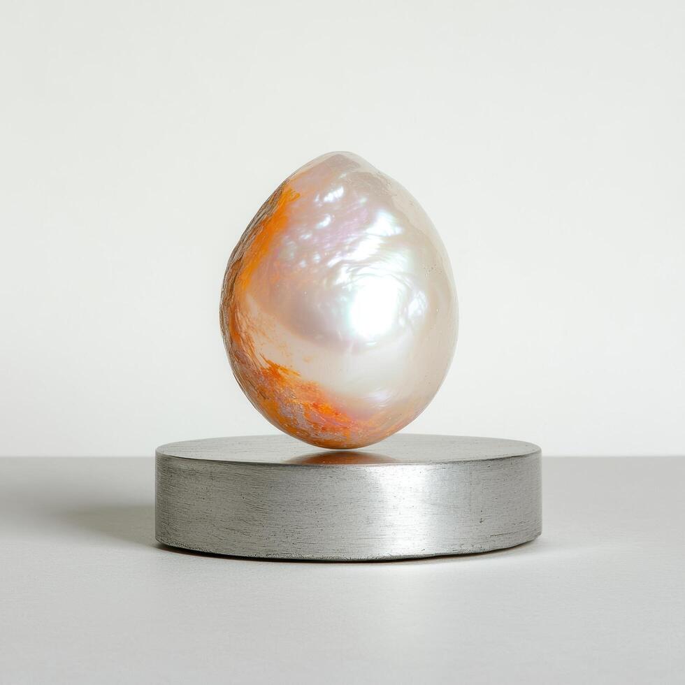 Iridescent pearl like egg shaped object on metallic stand photo