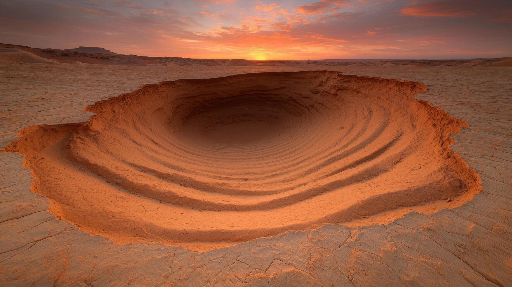 Dramatic sunset over a vast desert crater photo