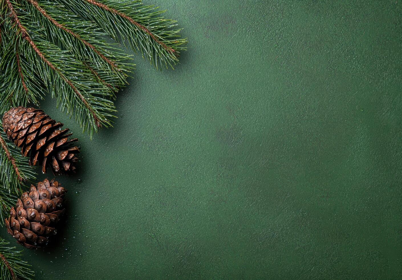 Festive pine branches and pine cones on green background photo
