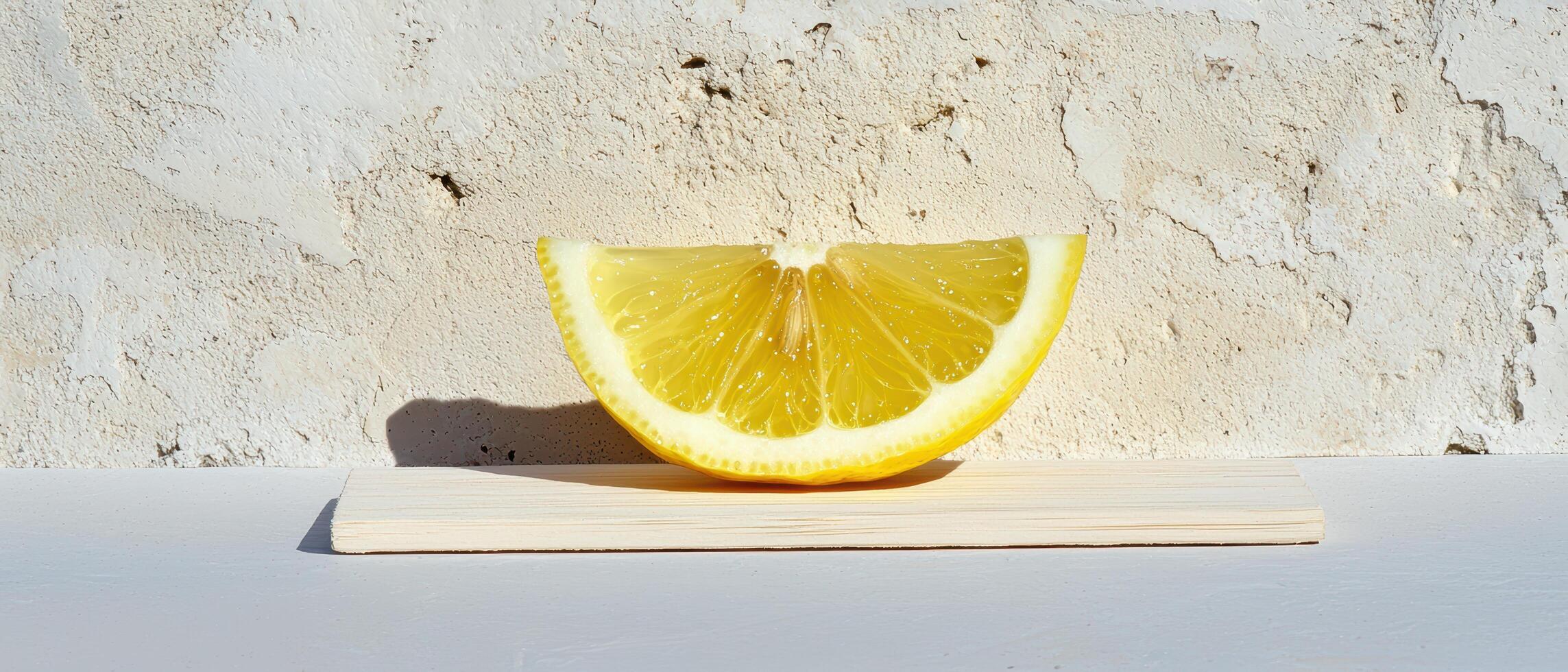 Freshly sliced lemon on wooden surface photo