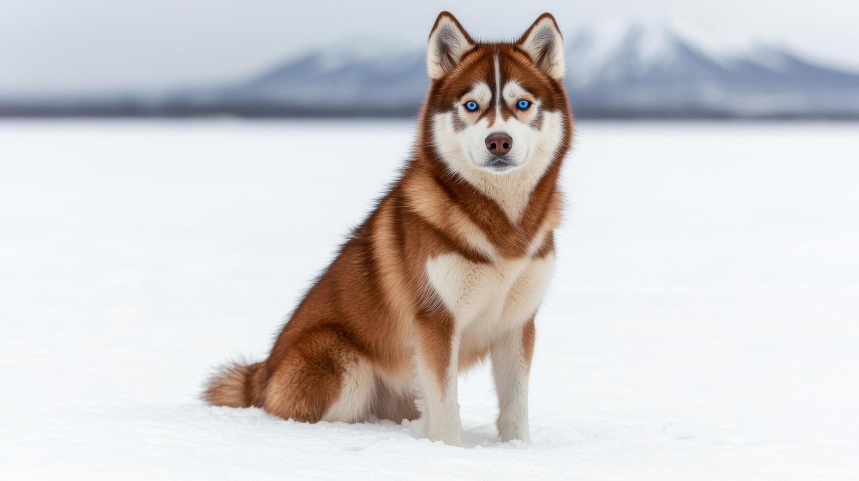 Siberian husky dog sitting in snow photo