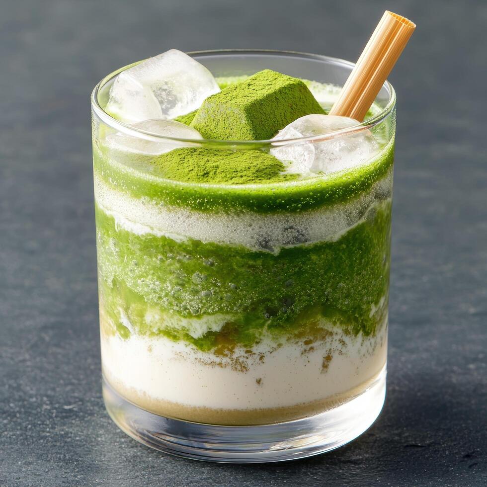 Refreshing matcha green tea latte drink with ice photo