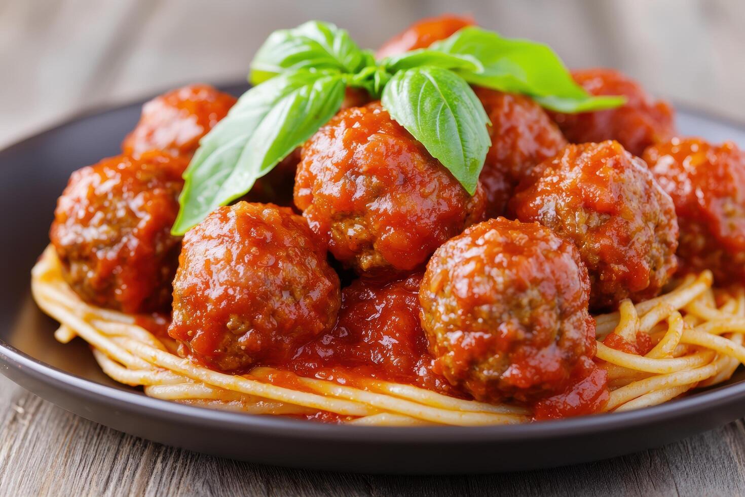 Delicious homemade meatballs in tomato sauce with spaghetti photo