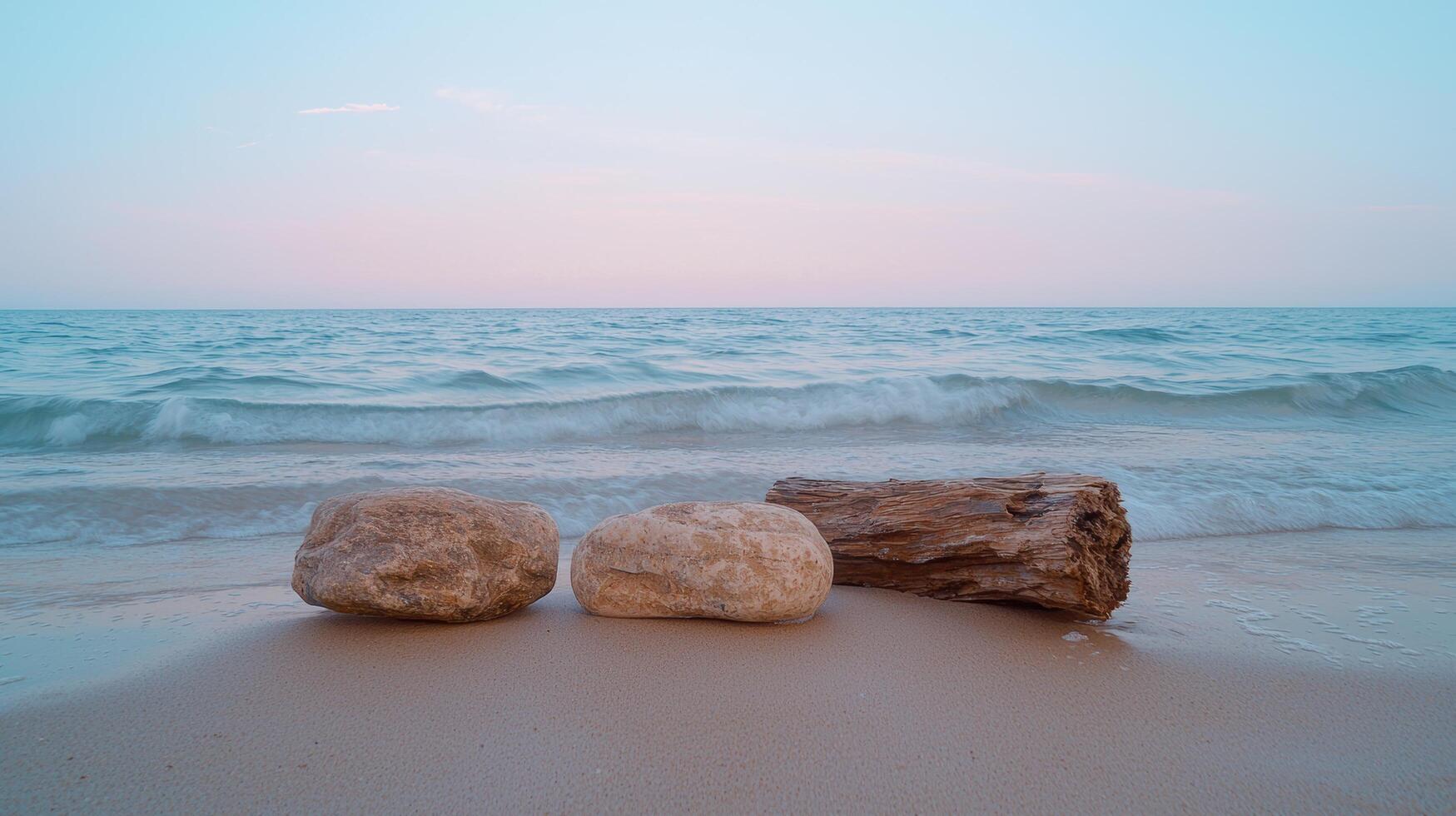 serene ocean waves lapping against rocky shore at sunset photo