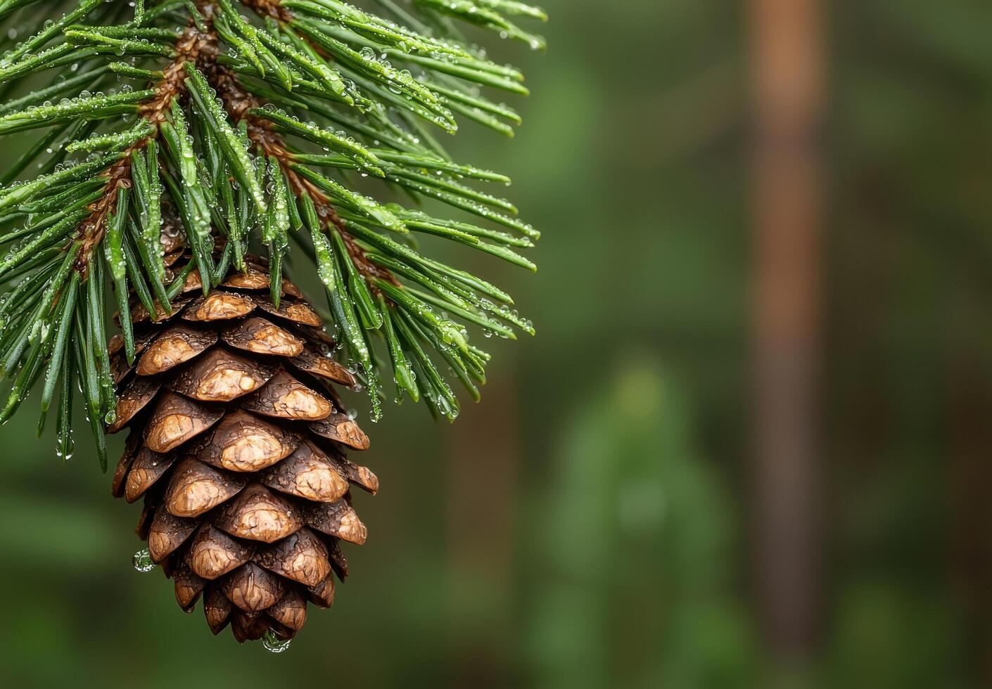 Close up of pine cone with water droplets on green needles photo
