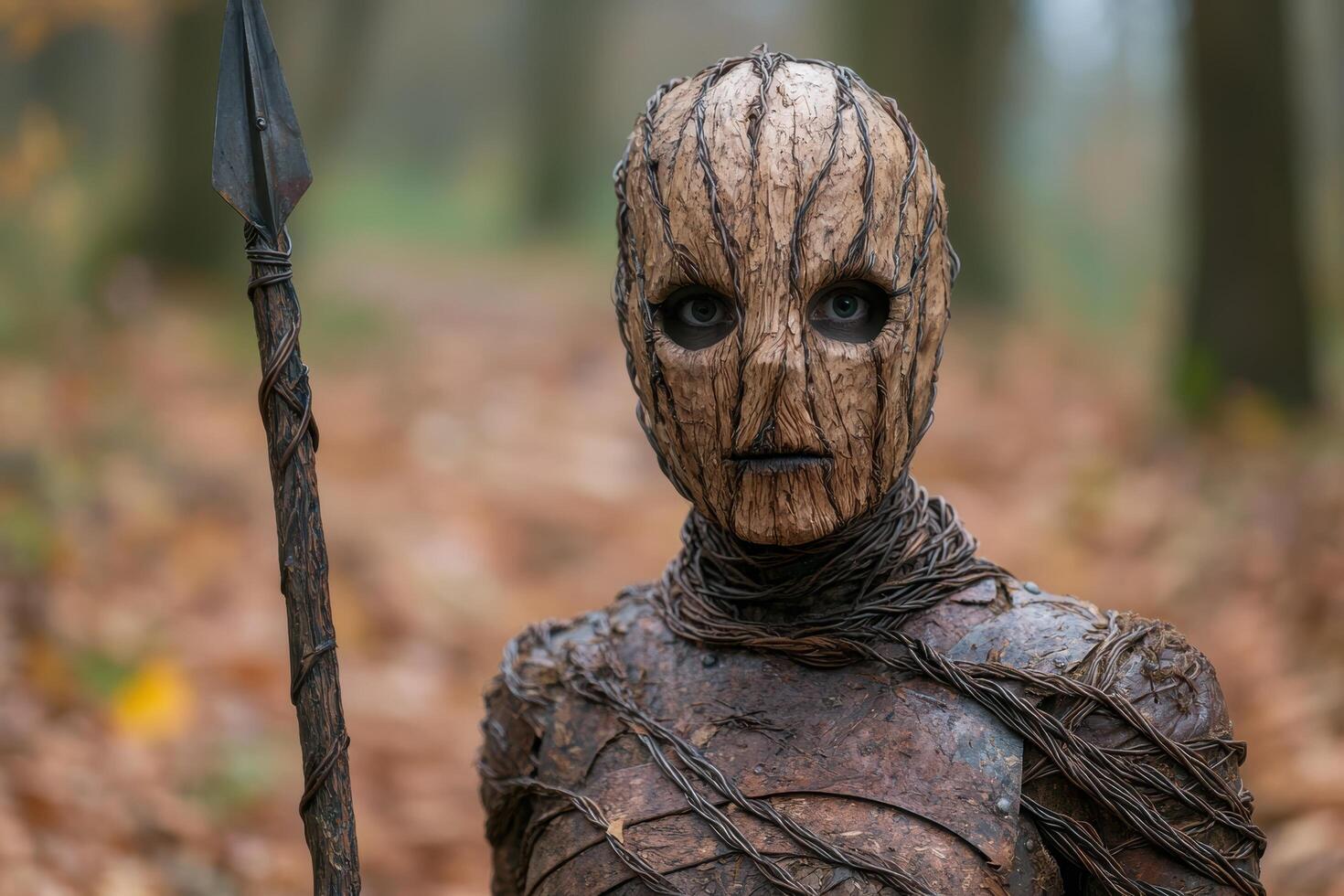 Mysterious wooden creature with haunting eyes photo