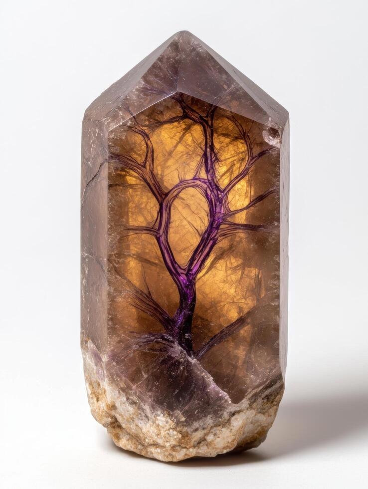 Stunning quartz crystal with intricate purple tree like pattern photo