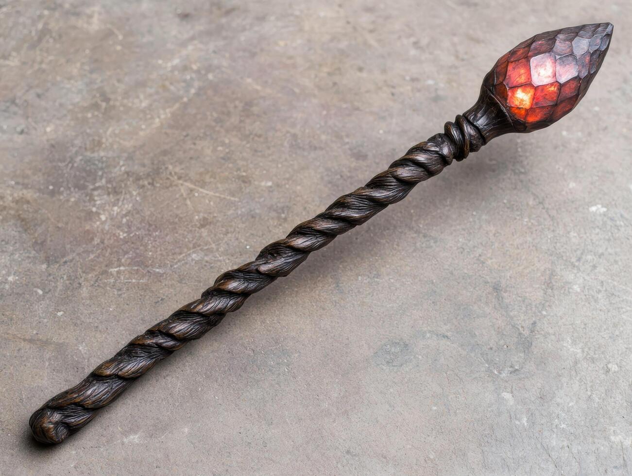 Twisted wooden magic wand with glowing crystal photo