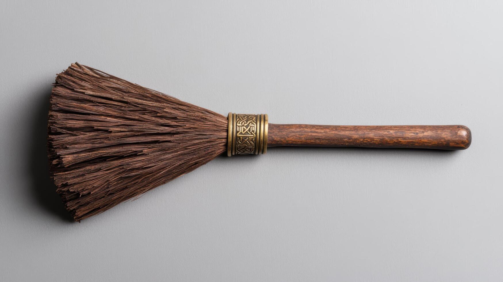 Vintage wooden broom with decorative metal band photo