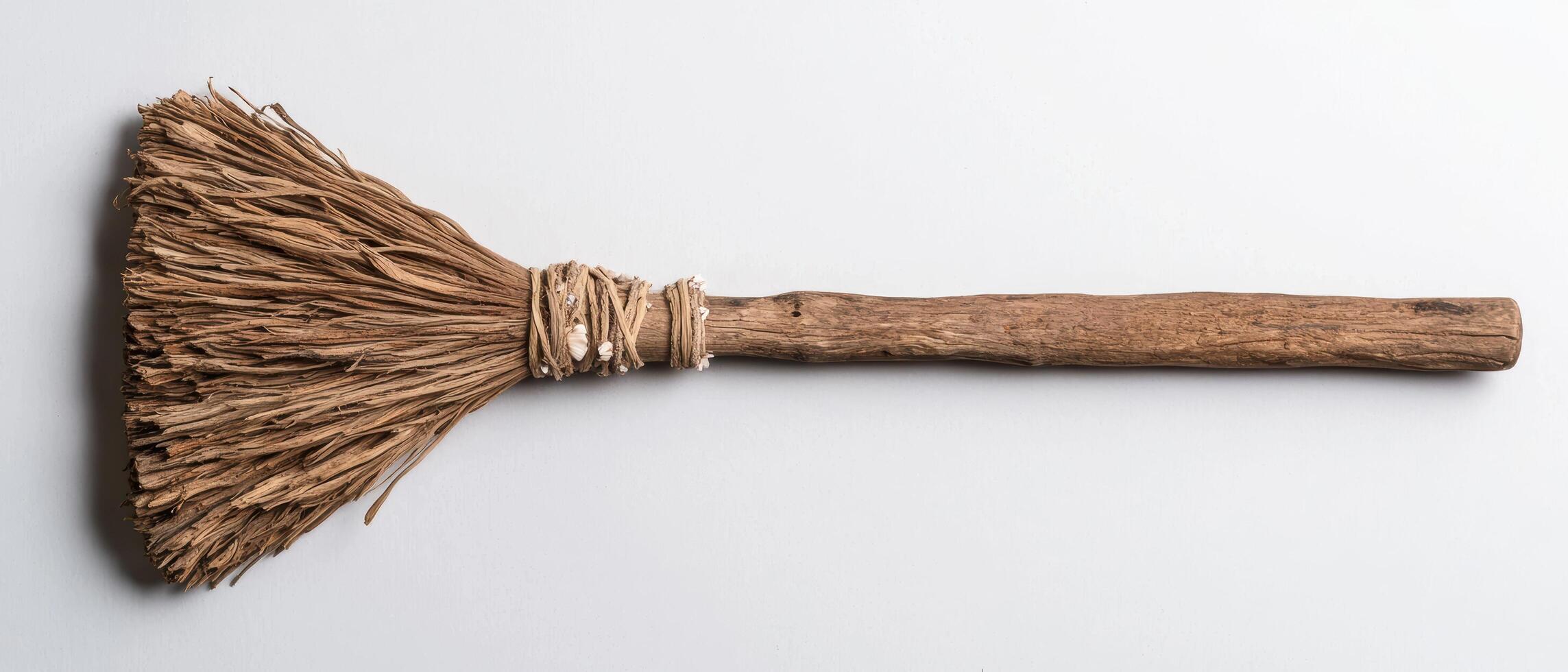 Vintage wooden broom on plain background photo