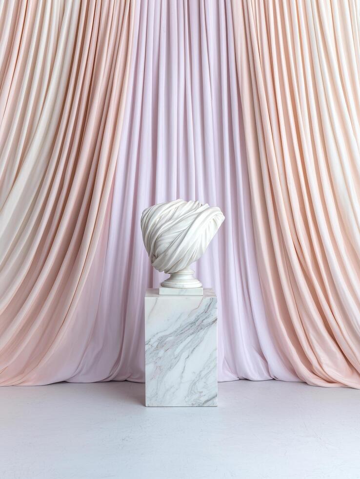 Elegant pink curtain backdrop with white marble pedestal photo